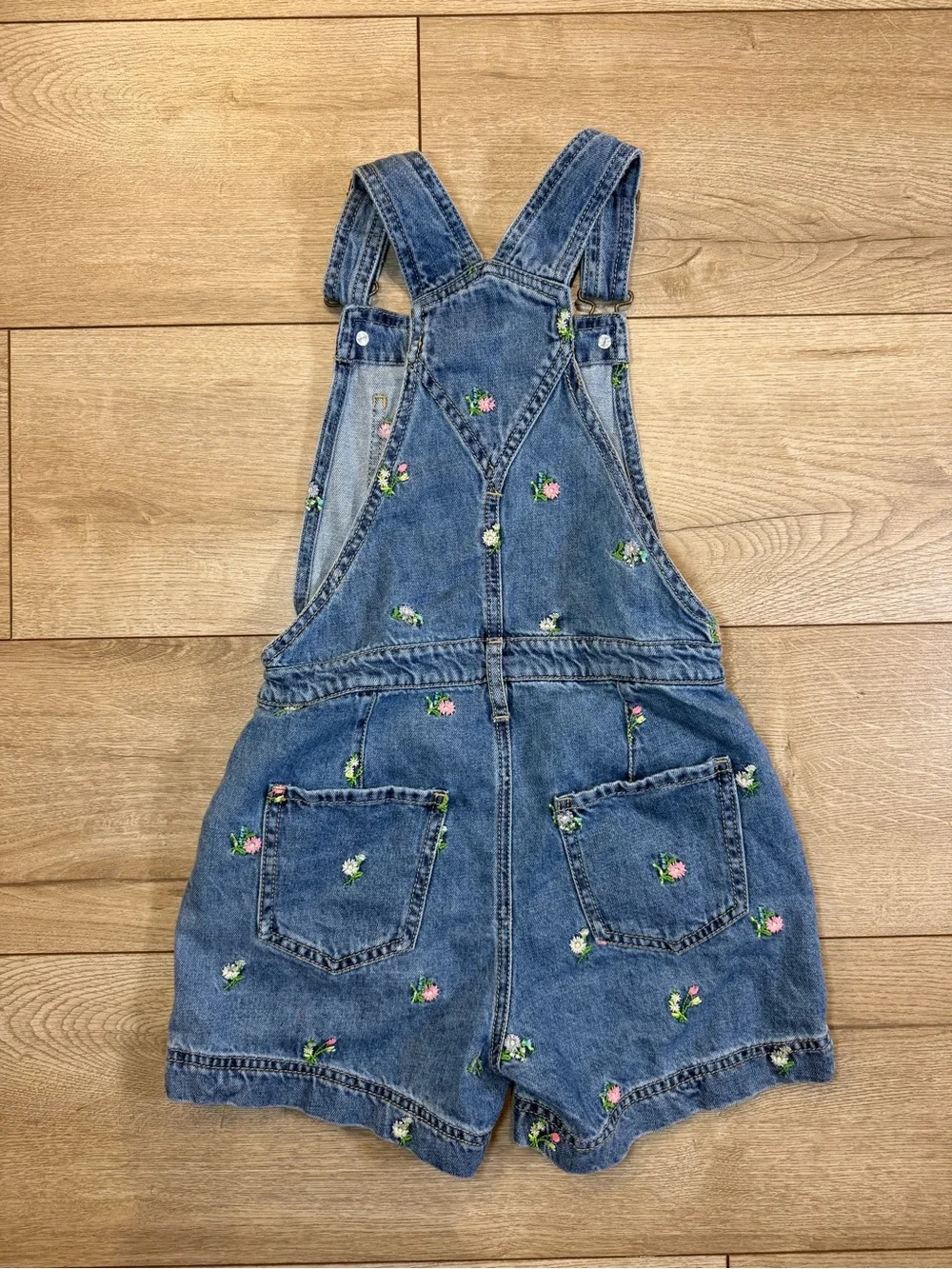 GAP Kids Denim Short Overalls with Pink & Green Floral Embroidery